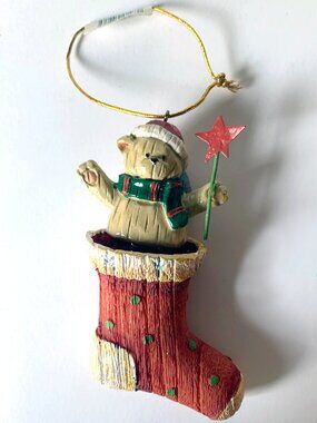 Teddy Bear in Stocking Christmas Tree Ornament, Wobbles on Hidden Spring